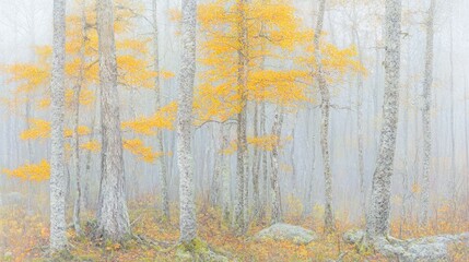 Obraz premium Misty Autumnal Forest: Golden Canopy in a Dreamlike Fog
