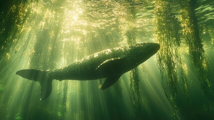 Majestic Whale in Underwater Kelp Forest: An Enchanting Underwater Scene of a Whale Swimming Gracefully Through a Sunlit Kelp Forest