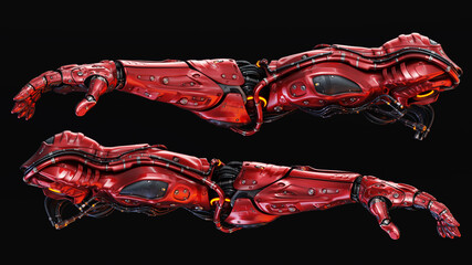 Futuristic red robotic arms with intricate mechanical details and cables against a black background showcasing advanced cybernetic technology design
