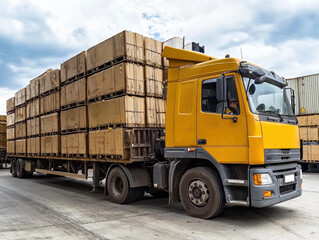 Heavy yellow truck transporting stacked crates in warehouse setting