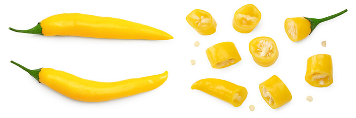 sliced yellow hot chili peppers isolated on white background clipping path