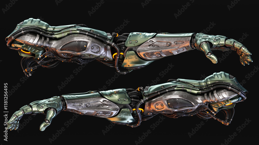 Poster futuristic mechanical robotic arms with intricate designs and metallic surfaces displayed against a 