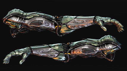 Futuristic mechanical robotic arms with intricate designs and metallic surfaces displayed against a dark background for sci-fi concepts and innovation