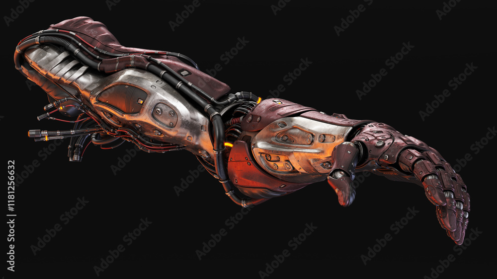 Poster futuristic robotic arm with intricate mechanical design and detailed components highlighted against 