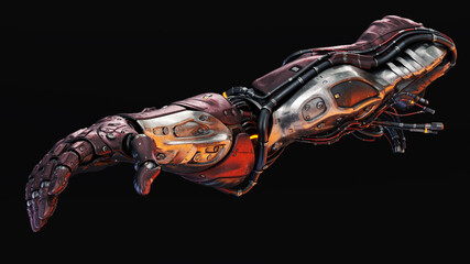 Futuristic cybernetic robotic arm with intricate mechanical details and glowing accents isolated on...