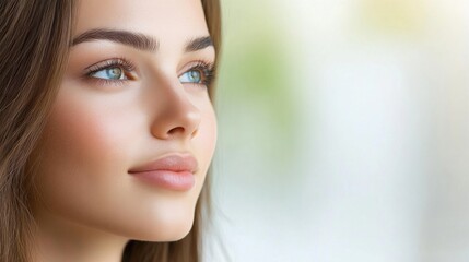 Close-Up Portrait of a Young Woman with Beautiful Skin and Expressive Eyes Against a Soft Green Background