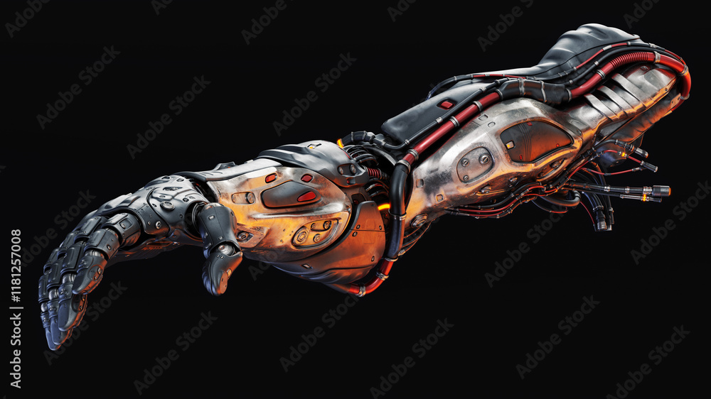 Poster futuristic mechanical robotic arm with intricate design and visible cables on a dark background, sho