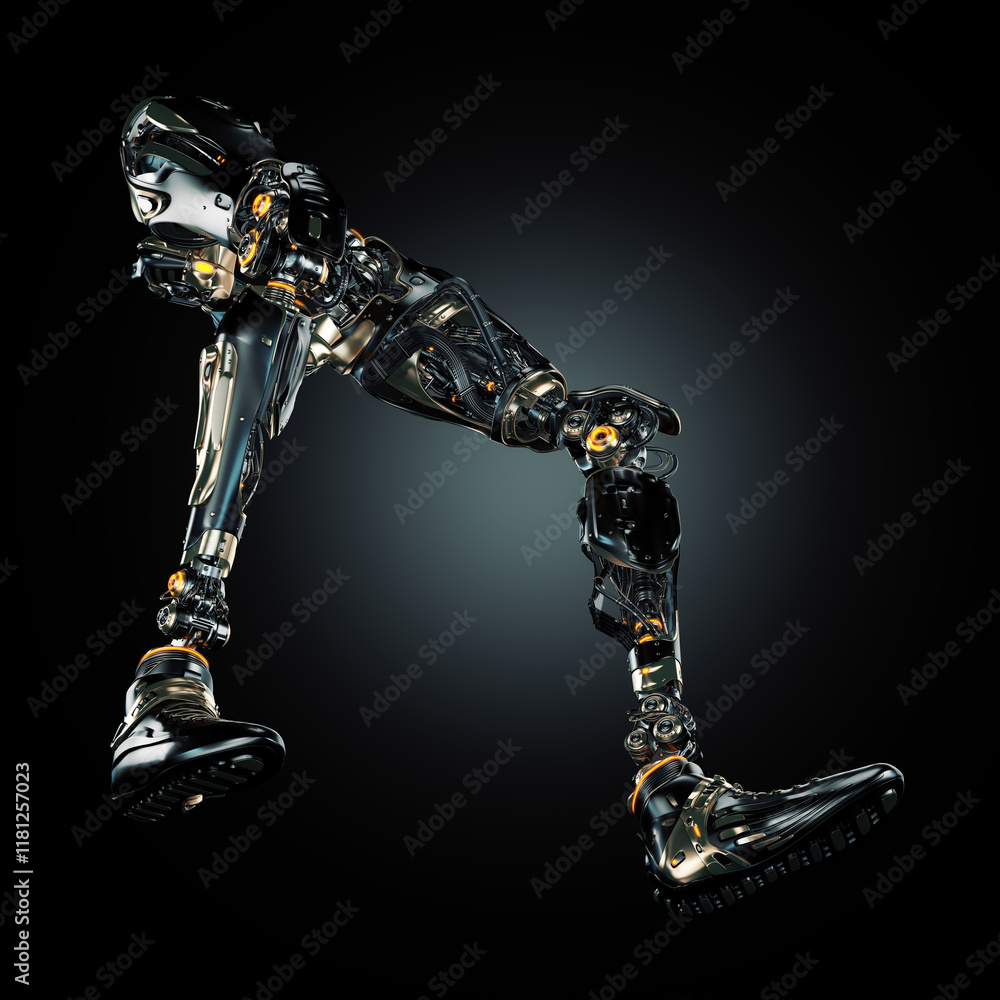 Poster futuristic robotic limbs with intricate mechanical design against a dark background, showcasing adva