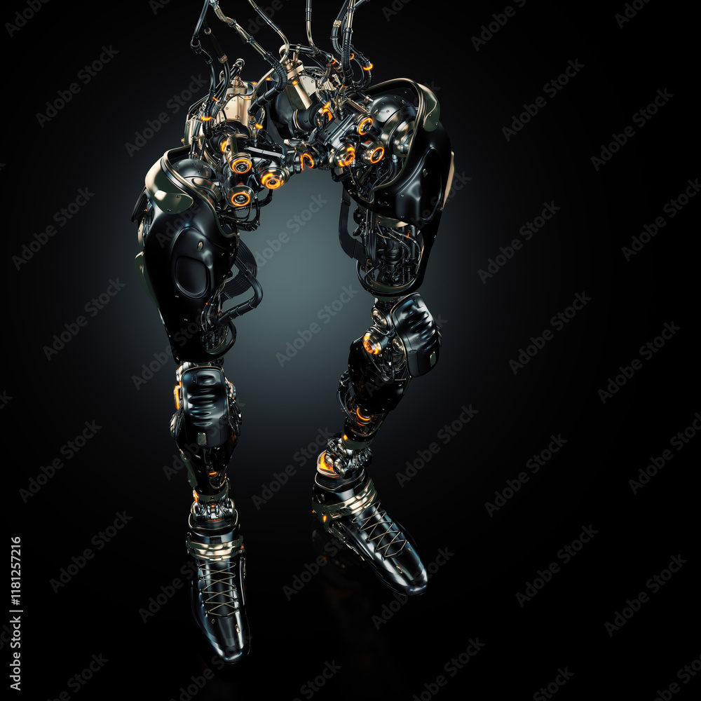 Poster futuristic robotic legs with intricate mechanical details and glowing accents on a dark background s