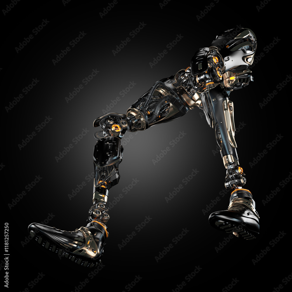 Poster futuristic robotic prosthetic leg with intricate mechanical components and glowing elements on a bla