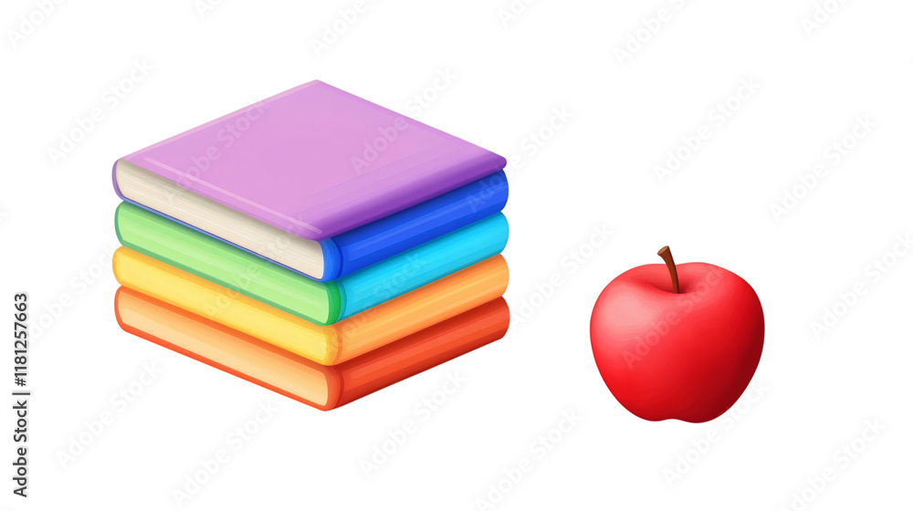Aufkleber stack colorful books with red apple isolated on white transparent background