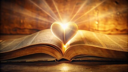 A glowing heart emitting a soft pulsing light amidst a backdrop of ancient biblical manuscripts and scrolls, luminous heartbeat, spiritual energy