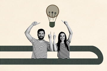 Trend artwork template design collage sketch of couple young man lady finger up showing direction...