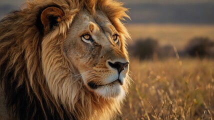 Naklejka premium Regal Male Lion with Flowing Golden Mane in the Vast Savanna