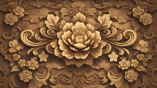 Intricate wooden floral design carved into aged paper texture, showcasing craftsmanship and vintage elegance