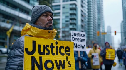 ​Martin Luther King Day. A person holding a sign reading "Justice Lives Now".