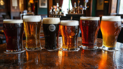 A closeup view of various beer glasses on a rustic wooden table
