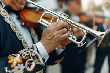 Mariachi Day. A close-up of a Mariachi trumpet player in colorful traditional attire.