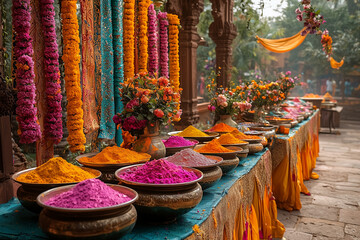 A joyful Holi party setup with colorful decorations like fabric banners, powder bowls, and flowers, creating a lively and festive atmosphere. The sunlight enhances the bright colors, reflecting the fu