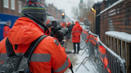 Obraz premium Inauguration Day. Cinematic capture of a videographer in snowy conditions