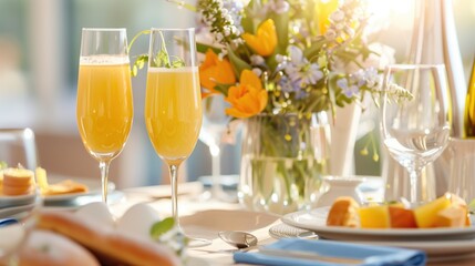 Elegant brunch setting with mimosas and floral centerpiece for celebratory gatherings