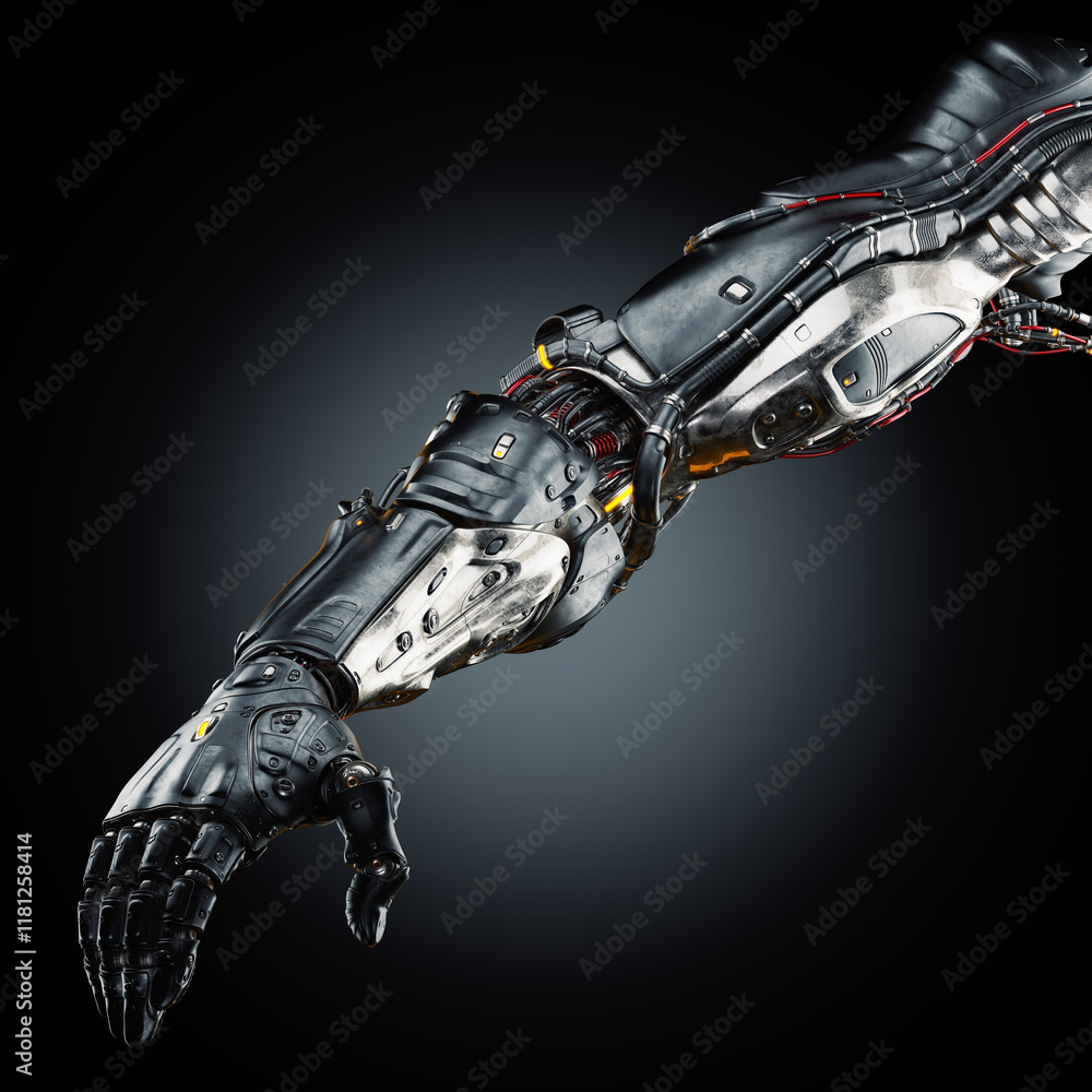 Poster futuristic robotic arm with intricate mechanical design and sleek metal components isolated on dark 