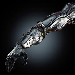 Futuristic robotic arm with intricate mechanical design and sleek metal components isolated on dark gradient background for technology concept art