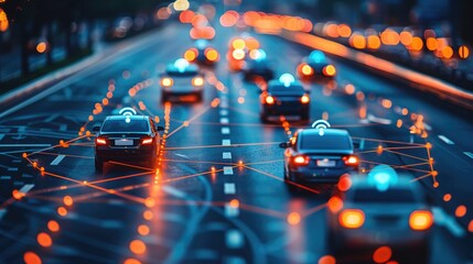 Smart city traffic with autonomous cars and advanced technology at sunset