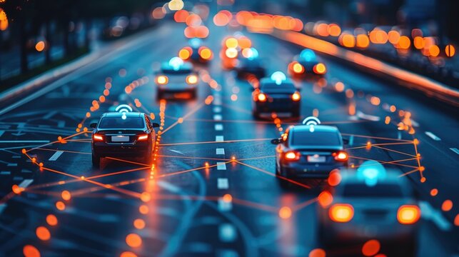 Smart city traffic with autonomous cars and advanced technology at sunset - Powered by Adobe