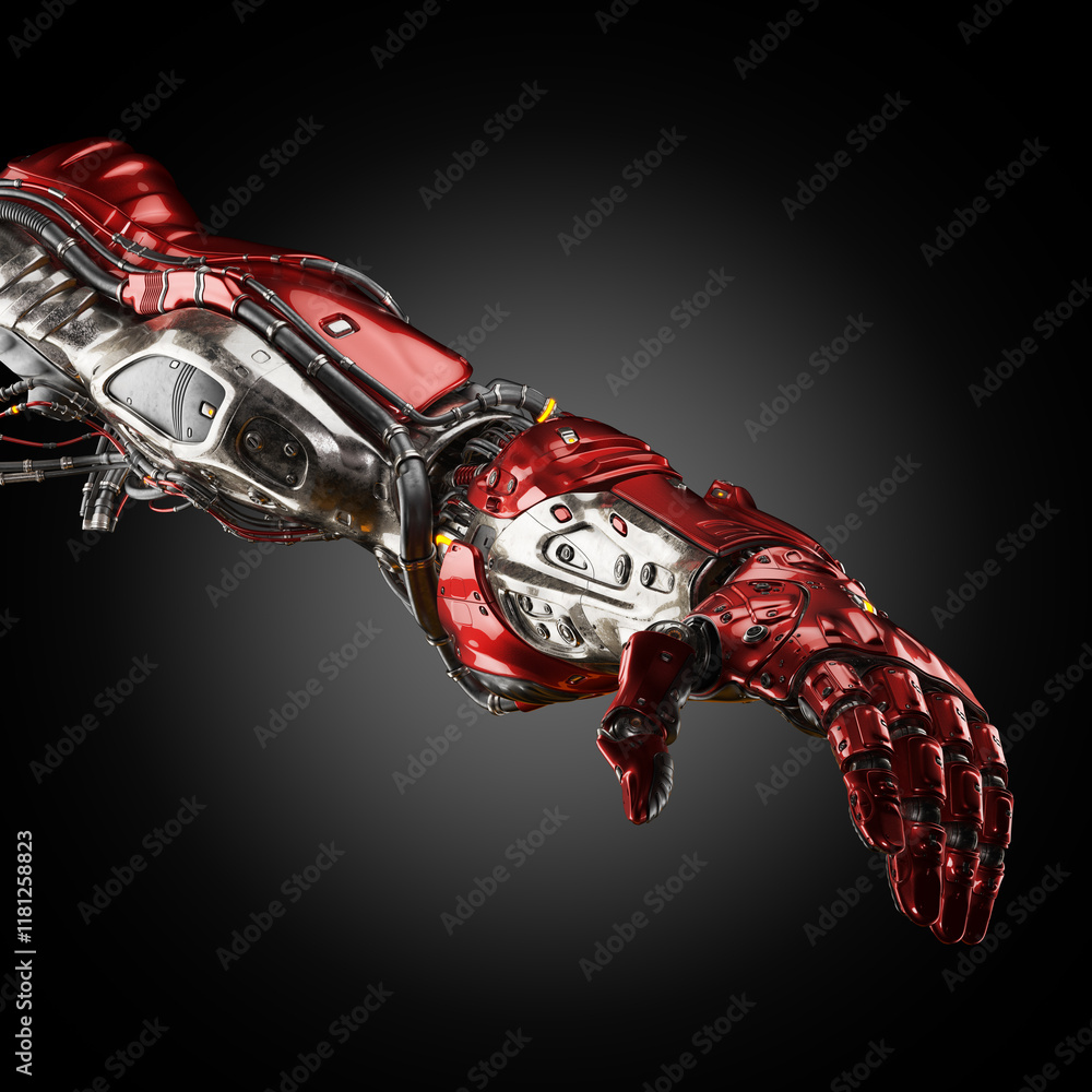 Poster futuristic robotic arm made of red metal and intricate mechanical components against a dark gradient