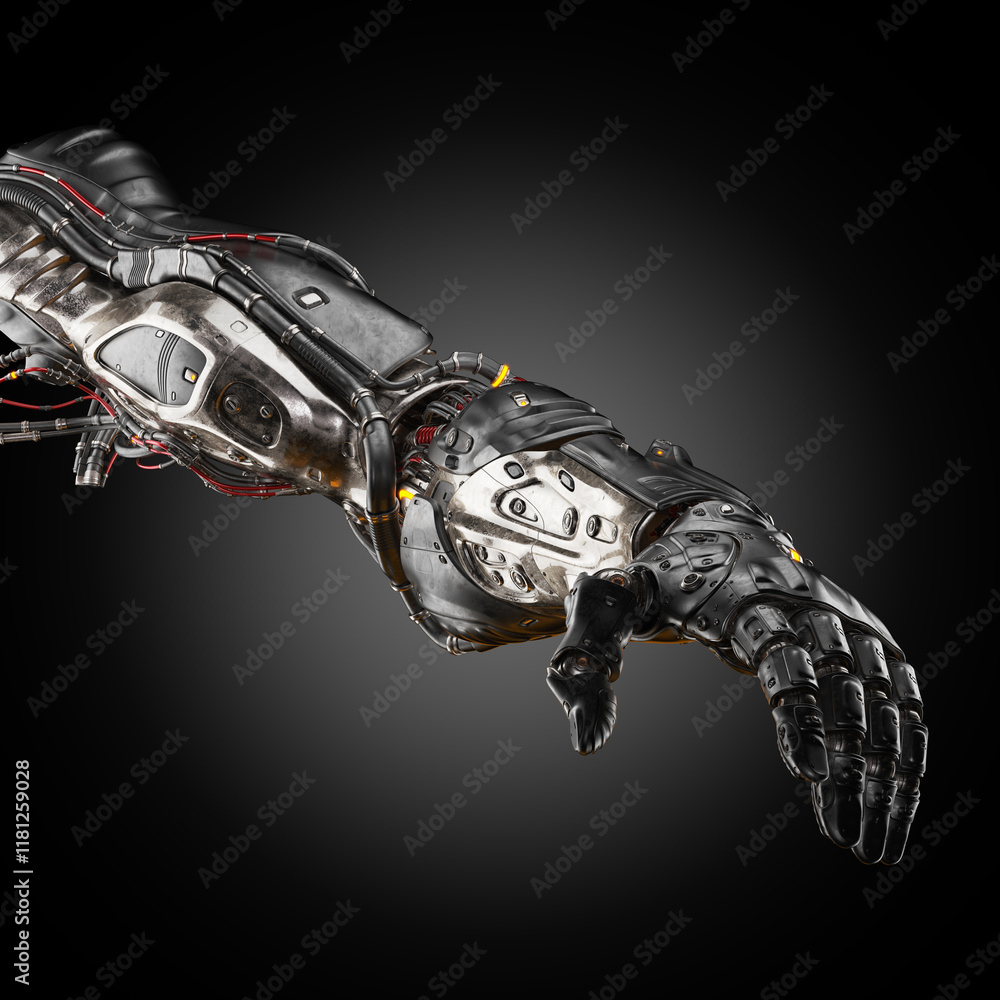 Poster futuristic robotic prosthetic arm with intricate mechanical design featuring advanced technology and