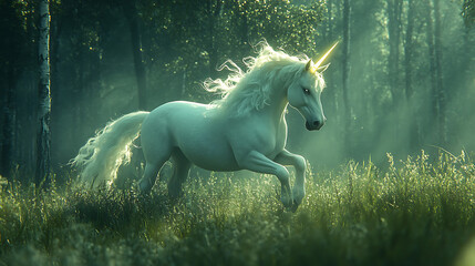 A majestic unicorn gallops through a mystical forest, illuminated by soft sunlight.