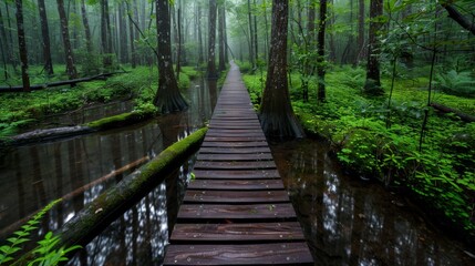 Obraz premium Take A Walk Outdoors Day. A tranquil wooden boardwalk in a lush, green forest surrounded by serene wetlands.