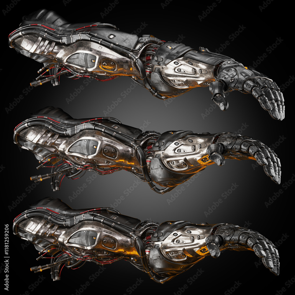 Poster futuristic robotic arms with intricate mechanical and metallic details, showcased from three angles 