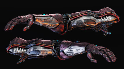 Futuristic robotic arms with intricate wiring and mechanical design against a dark background showcasing advanced cybernetic technology and innovation
