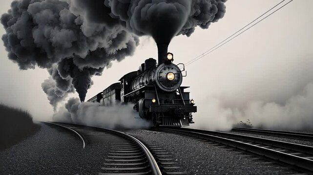 Steam Locomotive Traveling on Railway Tracks with Thick Smoke in Motion on a Foggy Day

