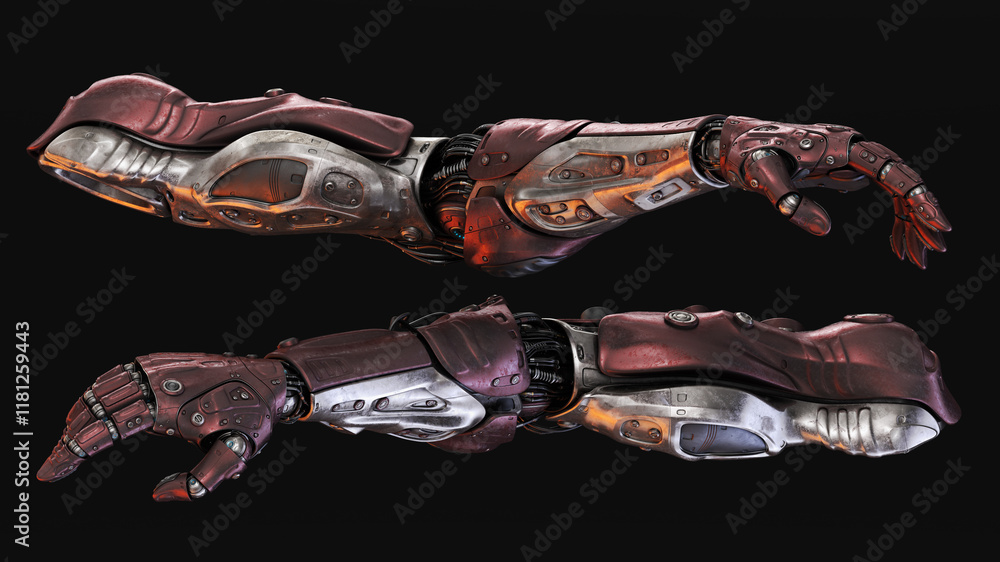 Poster detailed view of futuristic robotic arms with intricate mechanical components and red metal plating 