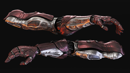 Detailed view of futuristic robotic arms with intricate mechanical components and red metal plating against a solid black background