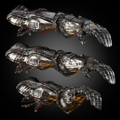 Three futuristic mechanical robotic arms with intricate details and wires, showcasing advanced technology against a dark gradient background