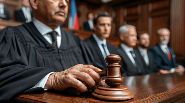 Inauguration Day.Close-up of a judge's hand on a Bible in a courtroom, symbolizing justice and truth.