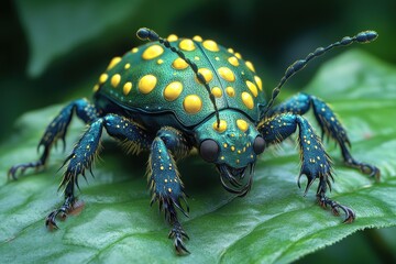 Naklejka premium Colorful beetle perched on a green leaf in a lush garden during a sunny afternoon