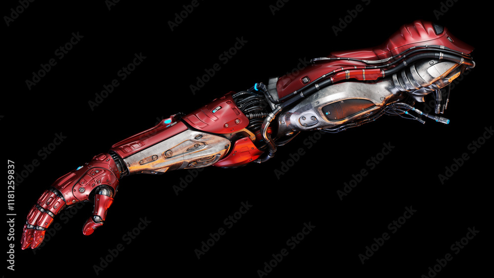 Poster futuristic red robotic arm with intricate mechanical details and advanced technology on a dark backg