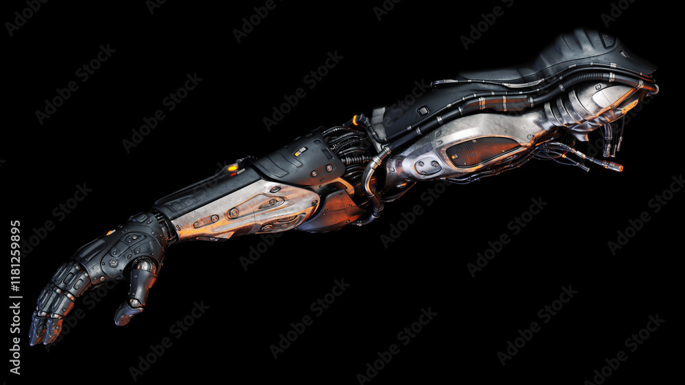 Aufkleber futuristic robotic arm with intricate mechanical details and advanced technology on a black backgrou
