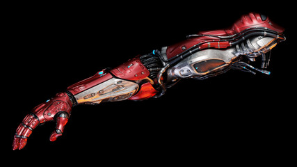 Futuristic red robotic arm with intricate mechanical details and advanced technology on a dark background showcasing innovation and engineering marvel