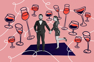 Template poster artwork 3D photo collage of beverage friday toast club relax cocktail young couple...