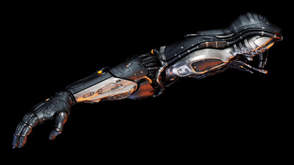 Futuristic robotic arm with intricate mechanical details and advanced technology on a black background representing innovation and artificial intelligence