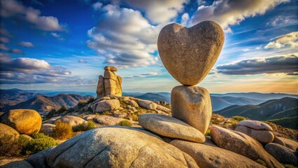 A towering stone tower made from granite boulders, with a large boulder at its center resembling a heart shape in natural form, rock formation, rugged landscape