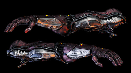 Futuristic robotic arms with intricate mechanical details and advanced technology against a black background, showcasing innovation and industrial design