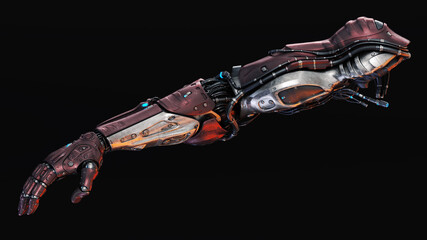 Futuristic robotic arm with intricate mechanical details and vibrant colors, isolated on a dark background, showcasing advanced technology design