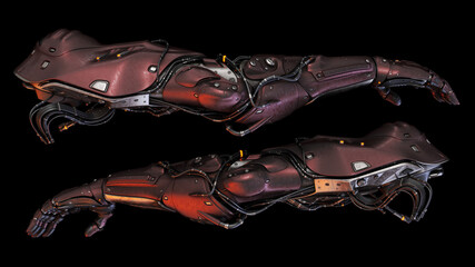 Futuristic metallic robotic prosthetic arms with intricate wire connections and mechanical components isolated on a black background in a sci-fi design